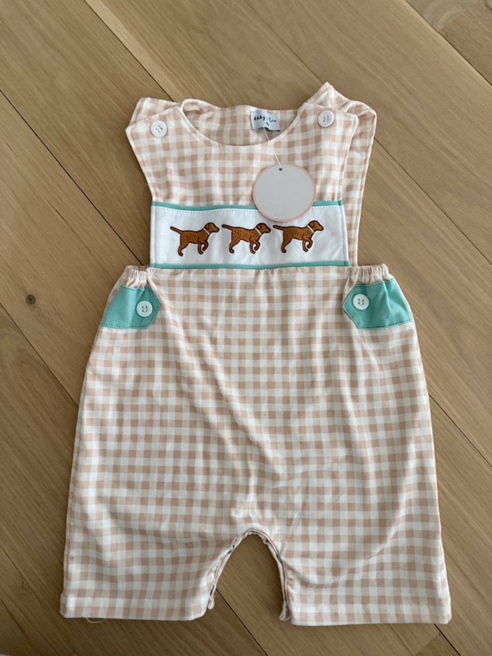 Abby and Evie NWT Gingham Baby Romper with Dachshund Applique